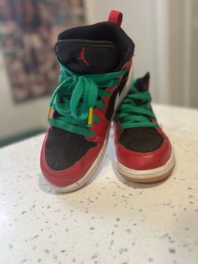 Jordan Kids' Red and Black High-Top Sneakers with Green Laces